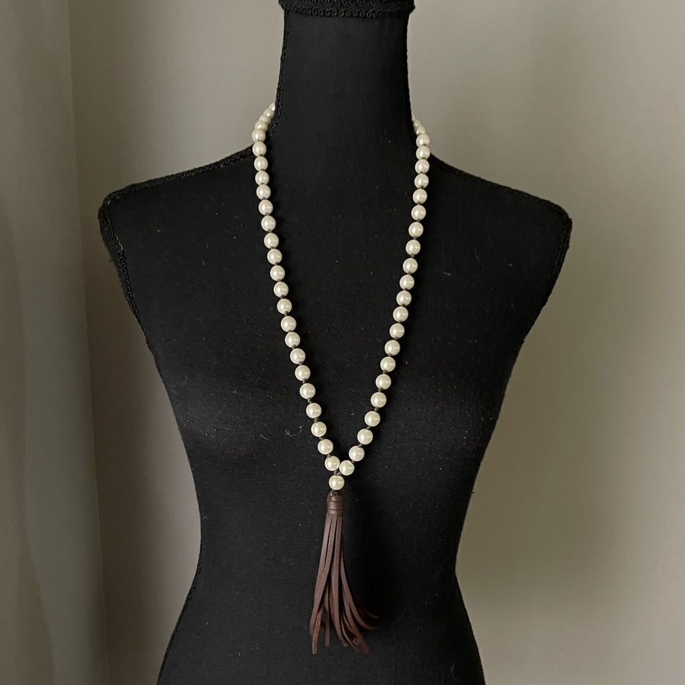 Faux Pearls with Leather Tassel Long Necklace